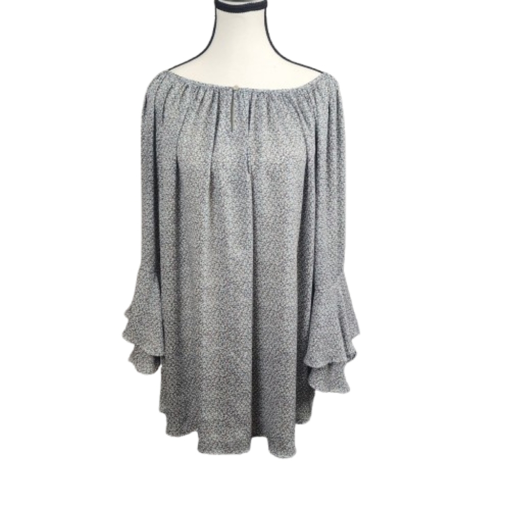 Chaps Gray Off-Shoulder Blouse with Bell Sleeves Pink And Green Floral Womens 3X